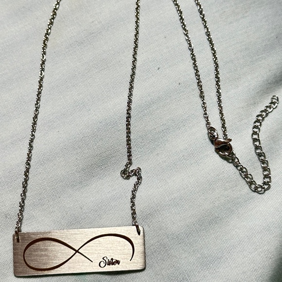 Silver tone rectangular plate on chain w/etched infinity symbol says “Sister” - Picture 13 of 15